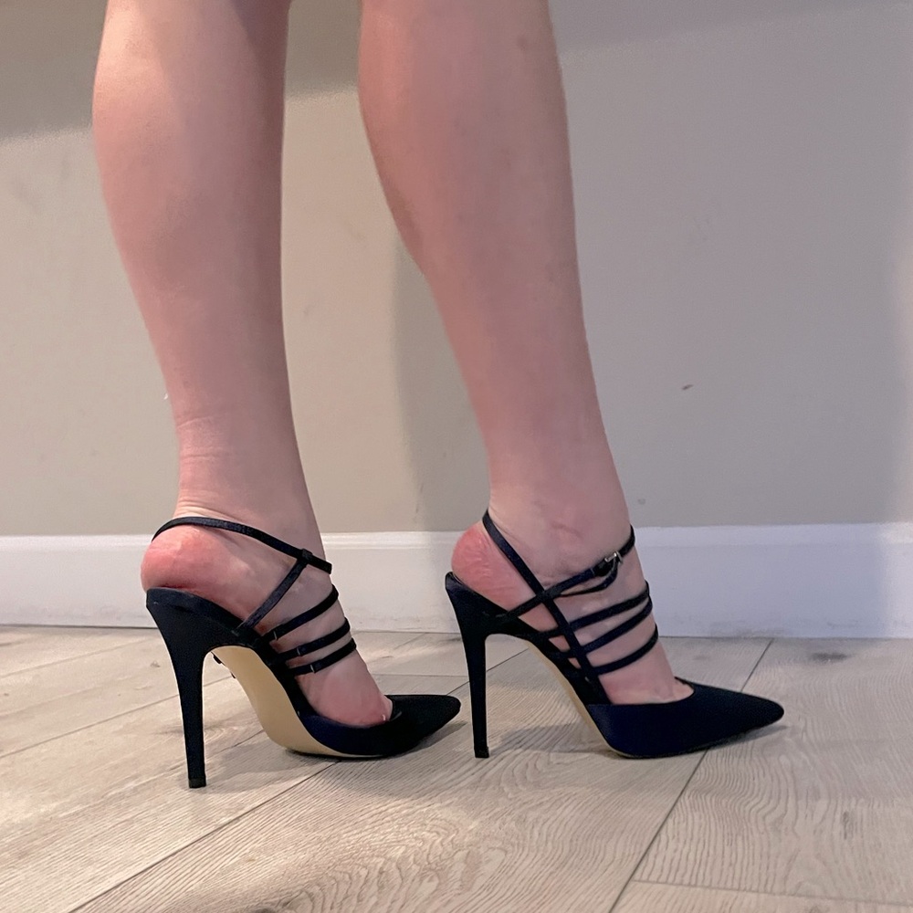 Neverworn navy blue satin, closed toe, straps heel
